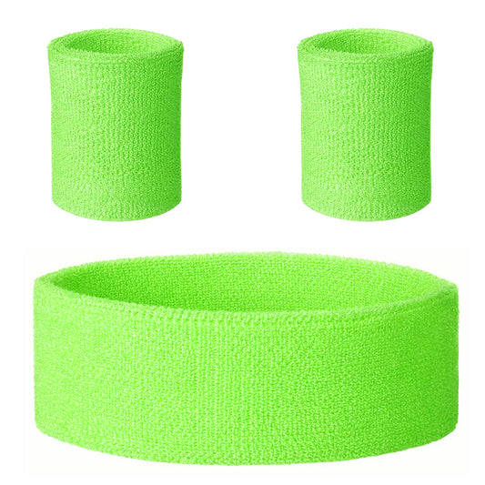 Neon Green Sweatband Set, Sports Headband and Wristbands Set Athletic Color Sports Sweat Bands 80s Fancy Dress Neon Party Accessories for Summer Ball Party