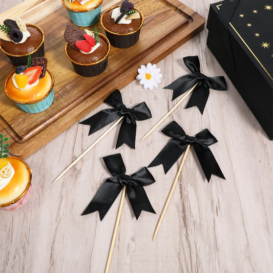 12 Pcs Black Bow Cupcake Toppers Black Pearl Bow Cupcake Toppers Ribbon Bow Cake Topper