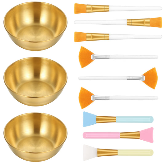 12 Pcs Facial Mask Bowl and Brush Set, 3 Facial Mixing Bowl and 9 Fan Brushes, Professional Mask Applicator Tools