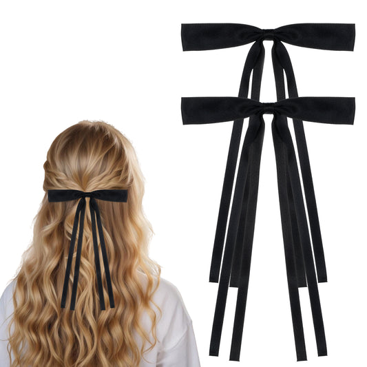 2 PCS Tassel Ribbon Bowknot Hair Clips Black Hair Bows for Women Ponytail Holder Accessories Solid Satin Black Hair Ribbon Cute Hair Accessories Metal Clips Hair Accessories