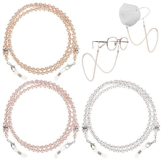 3pcs Pearl Eyeglass Chain, Beaded Eyeglass Chains Strap Cords Lanyard Necklace Face Masks Lanyard Chain Old Lady Reading Glass Eyewear Retainer Chains Sunglasses Holder Strap(White, Pink, Light Brown)