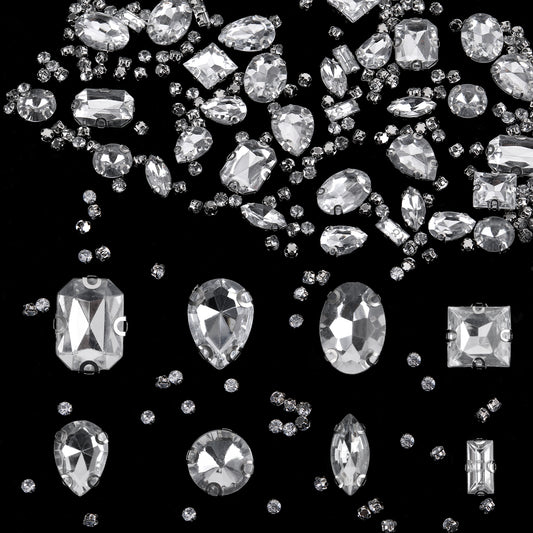 240 Pcs Sew on Rhinestones Clear White Crystal Gems for Sewing Metal Back Diamond Prong Setting Crafts for DIY Craft Jewelry Dress Shoes