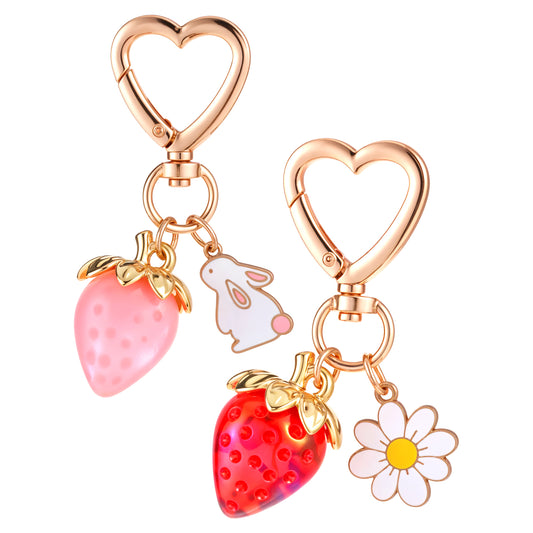 2PCS Cute Strawberry Keychain, Kawaii Berry Purse Charms for Handbags Strawberry Fruit Key Chain Heart Rabbit Daisy Flower Keyrings Strawberrys Keychains Accessories for Women Girls Purse Gift
