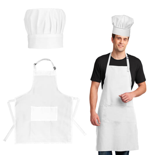 Xthrotsenk 2 Pack Chef Apron and Hat Set 2 Pockets Cotton Apron Adjustable Kitchen Cooking Apron Chef Baker Costume for Women Men