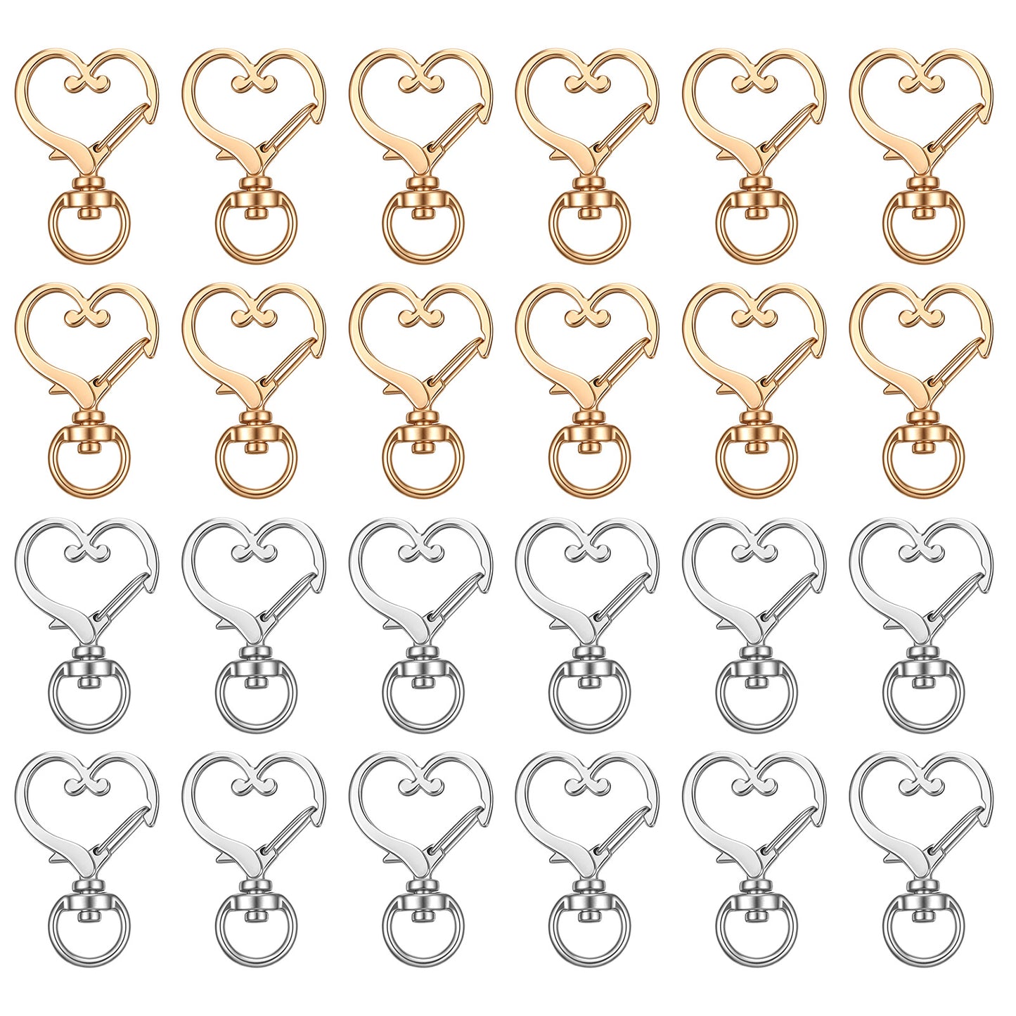 Heart Keychain Clip, 24 Pcs Metal Swivel Heart Shaped Lobster Claw Clasps for Keychains Cute Spring Snap Clips for Keys, Bags, Backpack, DIY Crafts Accessories (Gold, Silver)