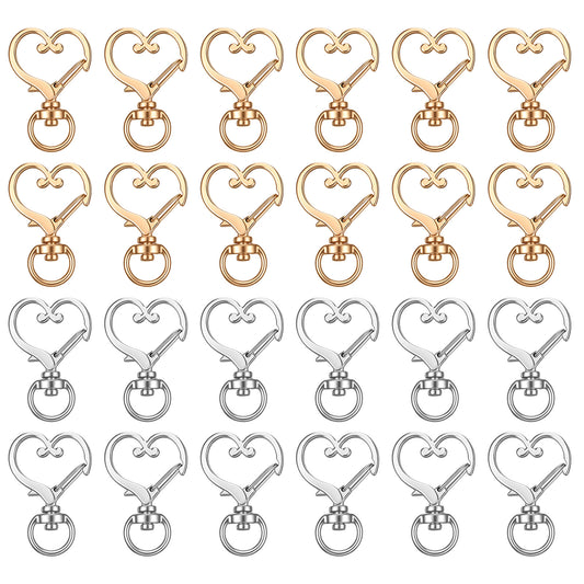 Heart Keychain Clip, 24 Pcs Metal Swivel Heart Shaped Lobster Claw Clasps for Keychains Cute Spring Snap Clips for Keys, Bags, Backpack, DIY Crafts Accessories (Gold, Silver)