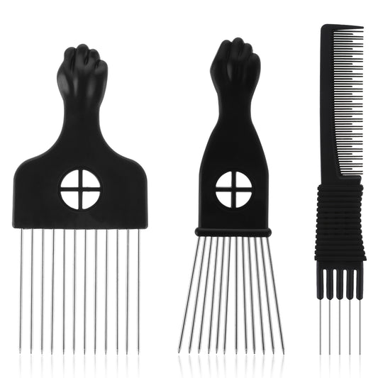 3 Pcs Metal Pick Set for Afro Stainless Steel Afro Hair Styling Combs Hair Pick Afro Pick Beard Pick Comb with Metal Pick Teasing Comb Essential Hairdressing Styling Tool