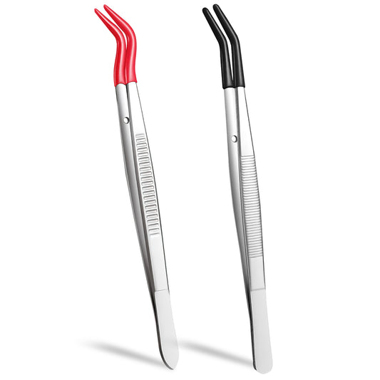 2 PCS Rubber Tipped Tweezers, Tweezers Curved Bent Tip Tweezer with Rubber Tips Long Bent Tweezer PVC Coated Long Rubbers Stainless SteelTweezer Metal Sticker Tweezerfor Craft Jewelry (Red, Black)
