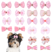 FdcLixuvol Dog Bows, 20 Pcs Cute Dog Hair Bows with Rubber Bands Pink Dogs Accessories Mix Style Lace Rhinestone Pearls Puppy Bow for Furry Cat Puppy Pet