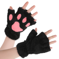 Black Cat Paws Gloves Fingerless Bear Gloves Winter Plush Faux Fur Cute Halloween Kitten Fingerless Mittens Furry Paw Gloves Cute Hand Paw Gear Cosplay Animal Cat Costume Accessories for Adults