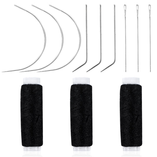 Hair Needle and Thread Set Sewing Hair 12 Pcs Set Hair Extension Tools Curved Needle Black Weaving Thread for Making Wig, Sew in Needle and Thread for Hair Hand Sewing Hair Weave Extension