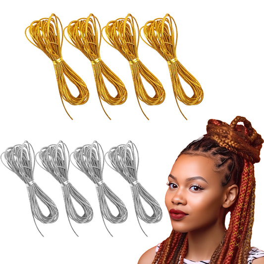 8Pcs Dreadlock Braids Hair Accessories 5M Hair Strings Elastic Cords Wrap String Silver Gold Dreadlock Braiding Rope Stretchable African Hair Deco Styling Braided Cord for Ornament Hanging Gift Tags