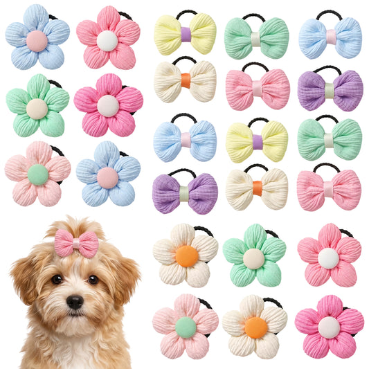 24Pcs Flower Dog Hair Bows for Small Dogs Girl Puppy Bows with Rubber Bands Cute Head Floral Charms Tie Dog Hair Accessories for Dogs Parties, Festivals, Everyday Decorations