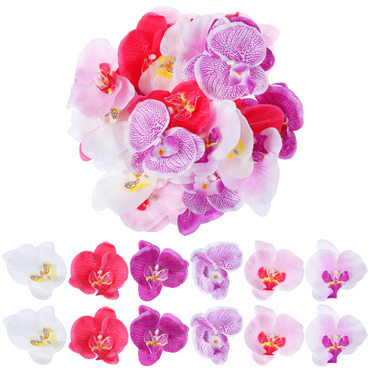Fyntave 24Pcs Artificial Orchid Flower Heads, Orchid Petals Artificial Decorations, Fake Butterfly Flower Heads, Silk Phalaenopsis Flowers Head for Cakes Hair Accessories Hats Wedding- 6 Colors