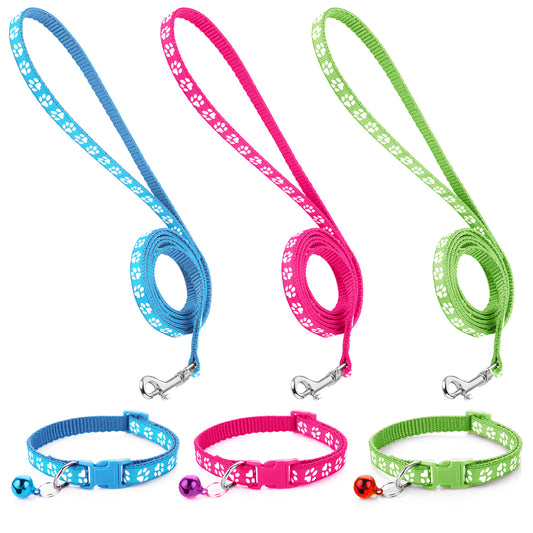 3 Pack Dog Collar and Leash Set Puppy Collar and Leashes Pet Cat Kitten Collar and Leashes Adjustable Training Rope Quick Release Paw Print Soft Nylon Pet Collar for Small Dogs Cat Kittens