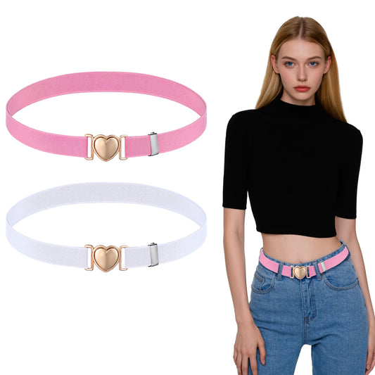 EupHHonycs 2 PCS Girls Belt, Heart Shaped Belt Buckle, Little Belts for Waist Size 15-28", Elastic Stretch Belts for Dress Jeans(White Pink)