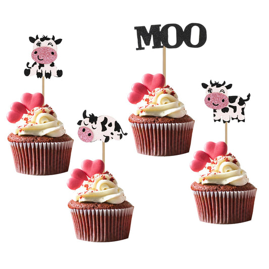 24Pcs Cupcake Topper, Cow Print Cake Decorations Birthday Decorations, Cow Print Party Supplies, Cow Moo Cupcake Decorations for Farm Animal Theme Party Decoration Supplies