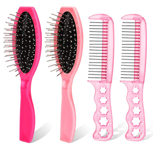 4 Pieces Pink Doll Hair Brush, Mini Hairbrush Plastic Wig Brush Wig Brushes for Synthetic Hair Wig Comb Hair Brush Plastic Brush and Comb Set for Wigs, Doll Hair Care and Doll Houses, 2 Styles