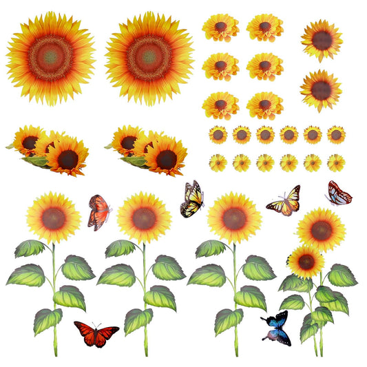 Sunflower Mural Stickers, 48 PCS Assorted 3D Flower Stickers Butterfly Stickers, Waterproof Sunflower Wall Decal, Self-Adhesive Sunflower Daisy Wall Decals for Home Kitchen Bathroom Dorm Decoration