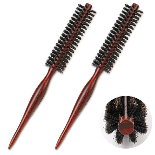 Small Round Hair Brush, 2 Pcs Natural Boar Bristle Blow Drying Brush Styling Tools for Women's Short, Thin Hair, Wooden Handle