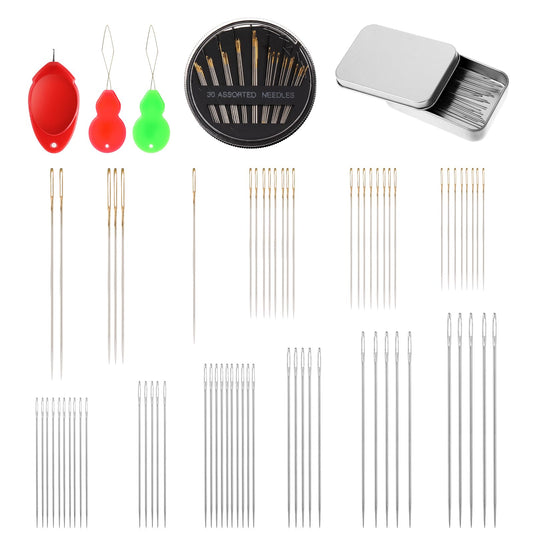 75 Pcs Hand Sewing Needles Kit, Large Eye Needles Embroidery Needles Sewing Needles Quilting Needles for Hand Sewing, Stainless Steel Yarn Knitting Needles with Storage Box and Needle Threaders