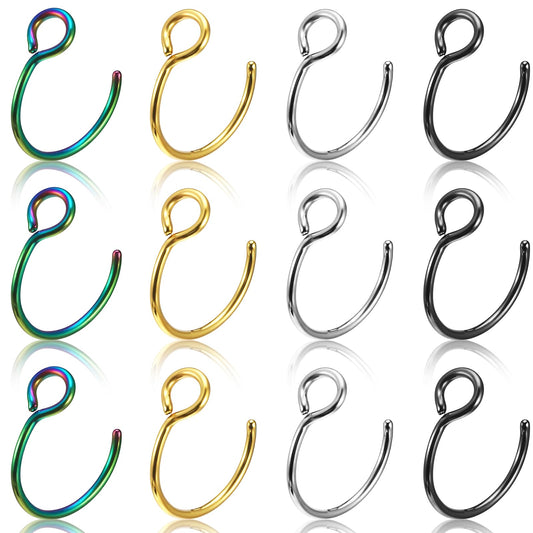 Zyghjort Fake Nose Ring, 12Pcs 20g Non Piercing Nose Rings for Women Stainless Steel Fake Nose Piercing for Women Men (Black, Silver, Gold, and Rainbow Colors)