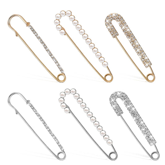 6Pcs Pearl Brooch Pins Sweater Shawl Clips Faux Crystal Pearl Brooches Decorative Collar Safety Pins for Women Clothing Dress Pants Skirt Waist