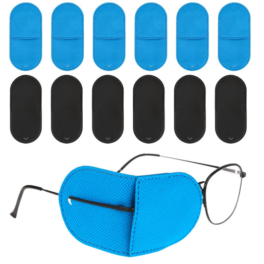 12Pcs Eye Patches for Glasses, Reusable Non-Woven Fabric Eye Patch to Right Left Eye Patch, Medical Eye Patch for Glasses Improve Vision for Kids' Adults' Lazy Eye Amblyopia Strabismus, Black, Blue