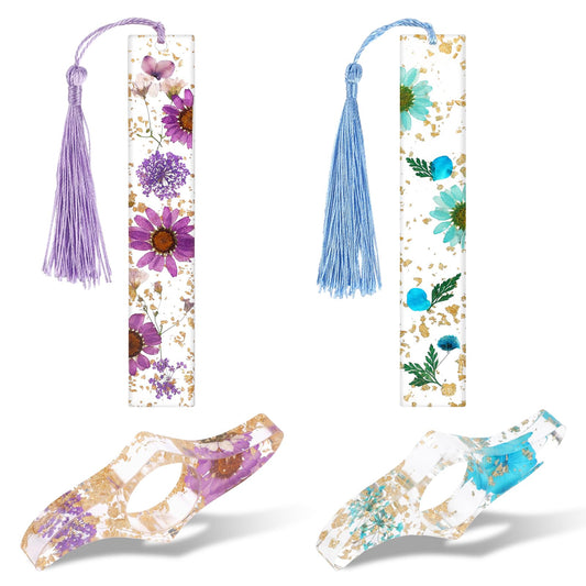 Dried Flower Bookmark and Resin Thumb Book Page Holder Set, Transparent Handmade Bookmarkers with Tassel Cute Book Accessories Gift for Reading Lover Students Teachers (4 Pcs)