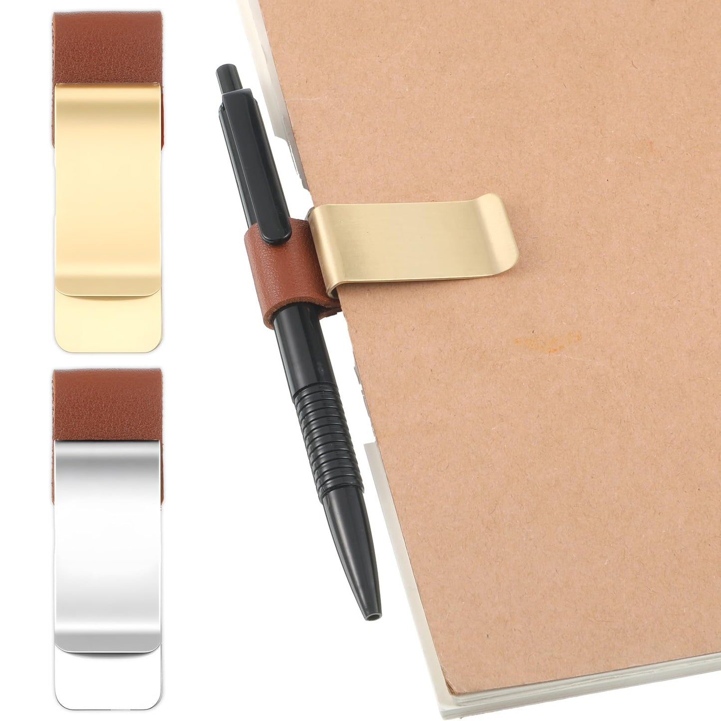 Xelsluthe 2 Pcs Notebook Pen Holder Pen Holder Clip PU Leather Retro Metal Pens Loop Holders for Notebook Journal Pens Holders for Planners Clipboards Journals Silver & Gold