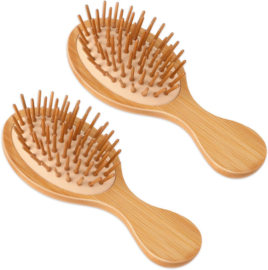 Wooden Hair Brush, 2 Pcs Natural Bamboo Hair Brush for Hair Growth Portable Travel Detangling Hair Brush Scalp Massager Brush for Women Men All Hair Types Thick Thin Curly Straight Wet Dry Hair