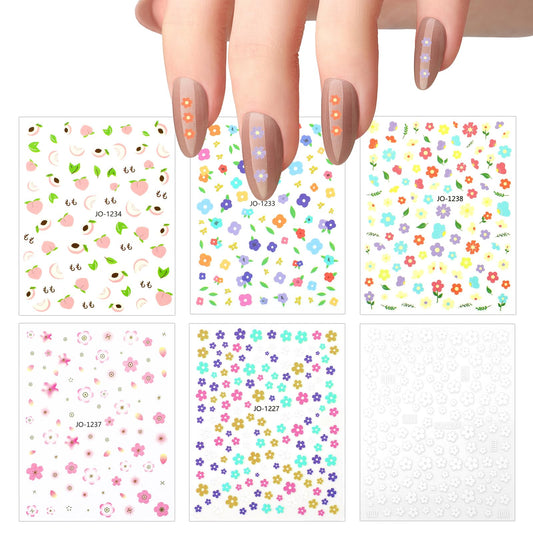 12 Sheets Flower Nail Art Stickers, Floral Nail Decals, 3D Self-Adhesive Small Cute White Flower Pink Peach Nail Design Stickers, Colorful Manicure Decoration Nail Tips Decor Supplies for Women