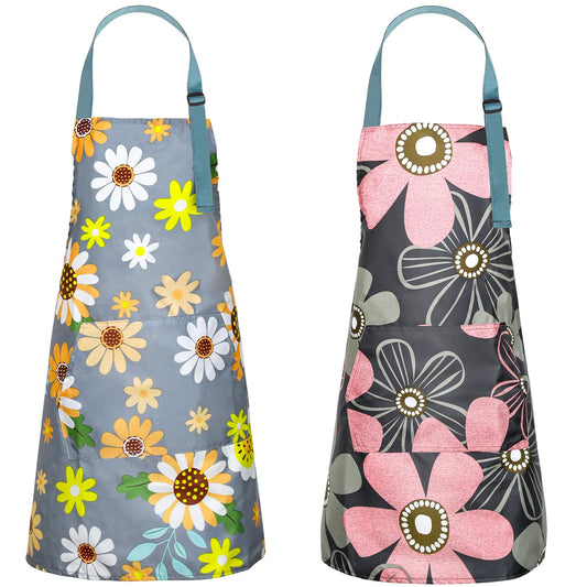 Hariendny 2 Pcs Floral Apron with Pockets Waterproof Aprons Adjustable Kitchen Aprons for Women Blooming Aprons for Women Men Kitchen Cooking