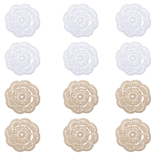 Pack of 12 Vintage Crochet Doilies Made of Cotton Handmade Round Coasters Fabric Doilies Knitted Tablecloth with Wavy Edge for Kitchen and Dining Room Decoration (White Beige)
