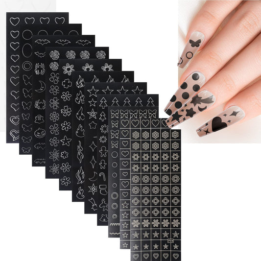 12 Sheets Nail Art Stickers Decals Self-Adhesive Heart Star Moon Snowflake Butterfly Moose Flame Bat Nail Supplies Spiders Pumpkin Nail Art Design Decoration for Women Girls