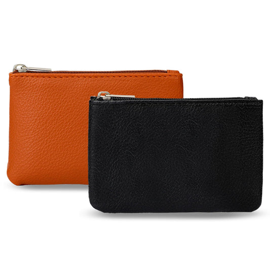 2 Pack Mini Coin Purse, Portable PU Leather Coin Purse with Zipper Coin Purse Change Purse Small Coin Purse for Women Credit Card Folded Bills ID Key Headset Lipstick(Black&Brown)