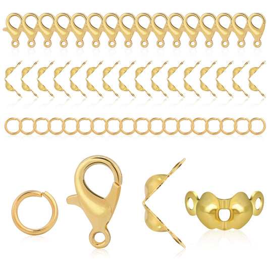 Lobster Clasps for Jewelry Making, 800Pcs DIY Jewelry Supplies, Gold Bead Caps Jewelry Making Clasps, 500Pcs Open Jump Ring Connectors, 200 Pcs Bead Tip Knot Caps, 100Pcs Lobster Claw Clasp(Gold)
