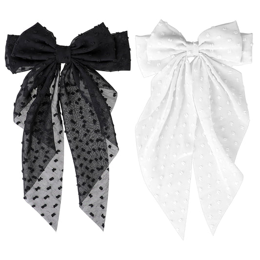 Silky Satin Hair Bows, 2 PCS Big Black/White Bow Hair Clips Set Bowknot Metal Spring Clip Oversized Long Tail Hair Ribbons Ponytail Holder French Hair Barrettes Hair Styling Accessories for Women