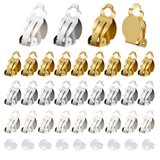 150 Pcs Round Flat Back Tray Earring Clips,Non-Pierced Earrings Components,Clip on Earring Backs with 200 Pcs Earring Pads,Clip on Earring Pads for Earring Making(Gold, Silver, Silver White)