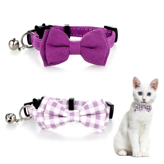 2 Pcs Kitten Collar with Bell Cute Cat Collar for Girl Cats Breakaway Bowtie Cat Collars Adjustable Small Puppy Safety Collar Solid Color Plaid Pet Collar (Purple)
