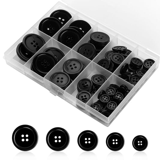 100 Pcs Black Buttons 4-Hole Sewing Buttons Premium Resin Buttons Craft Buttons Mixed 5 Sizes Round Buttons for Sewing Coat Suit Shirt and DIY Decoration