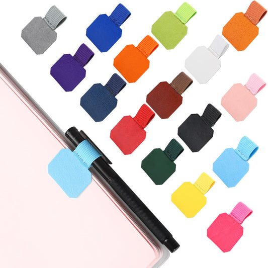 KALIONE 16 Pack Leather Pen Holder Self-Adhesive Pen Ring Pen Loop Holder Elastic Pen Holder Mixed Color Pen Ring for Tablet Notebooks Calendar Journals(16 Colors)
