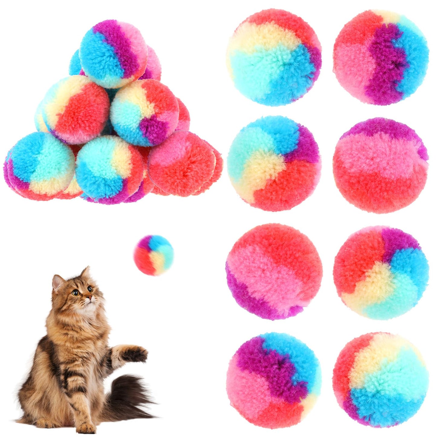 Xthrotsenk 30 Pack Rainbow Cat Toy Balls 1.2 in Soft Plush Cat Ball Colorful Cat Pom Pom Ball Toys Cat Interactive Toy Training Ball Fuzzy Kitty Puff Balls for Cats Kitten Pet Exercising Playing