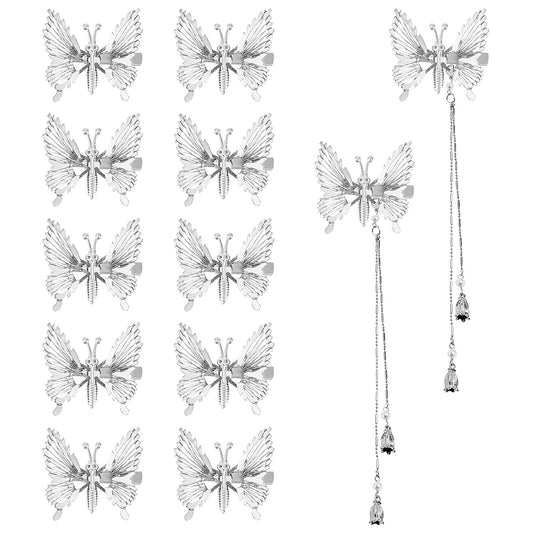 3D Moving Butterfly Hair Clips, Elegant Metal Tassel Butterfly Hair Clips Butterfly Hairpins Silver Hollow Butterfly Hair Clips Accessories for Women Girls(Silver,12 pcs)