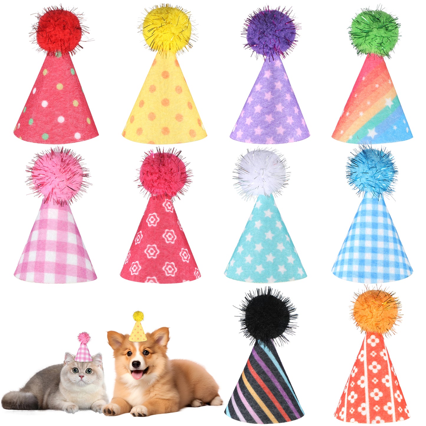 10 PCS Mini Party Hats for Stuffed Animals Dog Hats for Small Dogs Adjustable Headband Cones Hat with Pom Poms Colorful Holiday Felt Hat for Small Pets, Dogs, Cats, Rabbits, Dolls