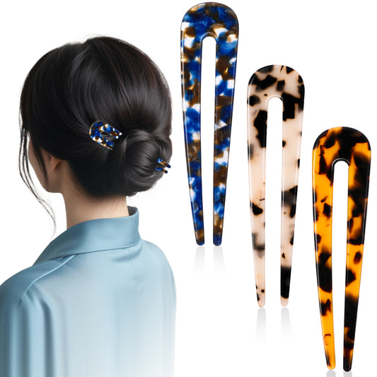 3 Pack U Shaped Hair Pin French Hair Pins French Style Cellulose Acetate Tortoise Shell Fork Sticks Updo Chignon Pin 2 Prong Updo Chignon Pin for Women Girls Hairstyle Accessories, 10 * 3cm