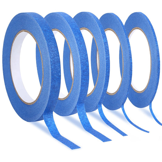 Mozeat Lens 5 Rolls Thin Masking Tape Pinstripe Tape in 1/8, 1/5, 2/5, and 1/2 Inch Painters Automotive Masking Tape Medium Tack Fine Line Tape for DIY Car Auto Paint Art, 55 Yard/Roll, Blue