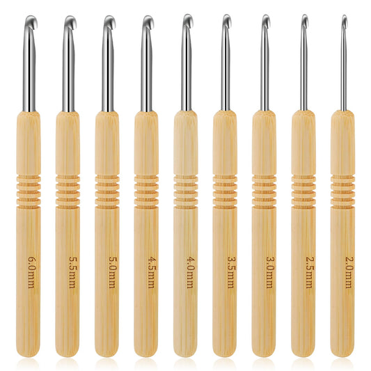 Crochet Hooks Set, 9pcs Wooden Handle Aluminum Head Handle Needles, Ergonomic Crochet Hooks, Different Size Crochet Hooks with 2mm 2.5mm 3mm 3.5mm 4mm 4.5mm 5mm 5.5mm 6mm(Wood Color)