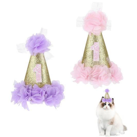 1st Pet Birthday Cone Hat, 2 Pieces Dog Birthday Hat Cute Cat Birthday Hat First Birthday Hat Adjustable Dog Headband Crown Dog Party Hats with Flowers for Small Medium Large Dogs Cats Puppy Pets