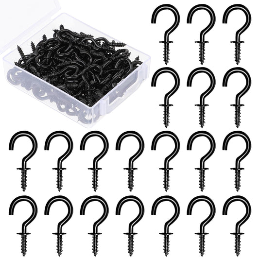KALIONE 120 Pieces Screw-in Cup Hooks Small Eye Hooks 1/2 Inch Metal Key Hanging Hooks Home Kitchen Ceiling Wall Outdoor String Lights Plants Hooks with Storage Box for Hanging(Black)